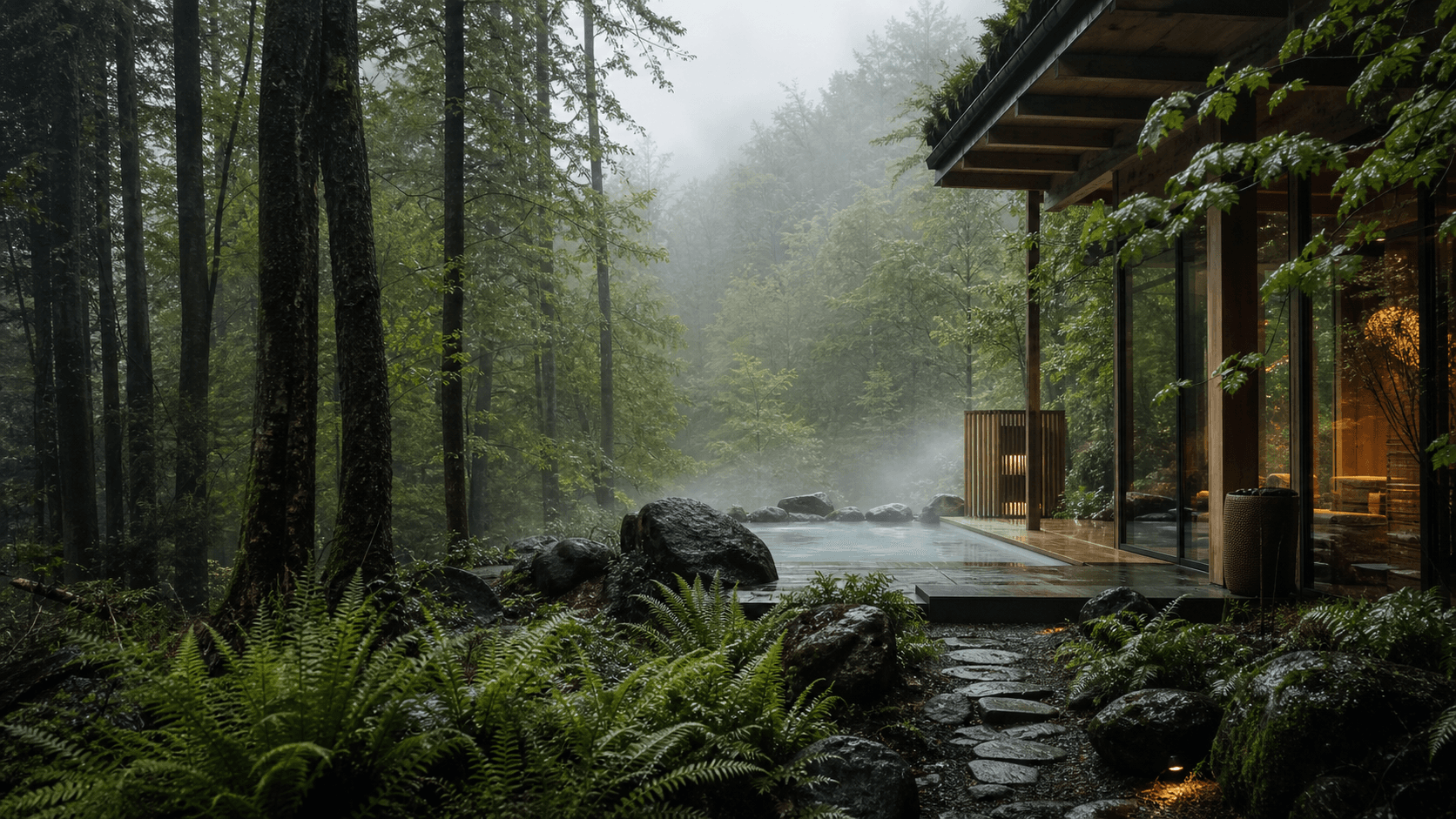 Lodge spa immerso in una foresta dopo la pioggia